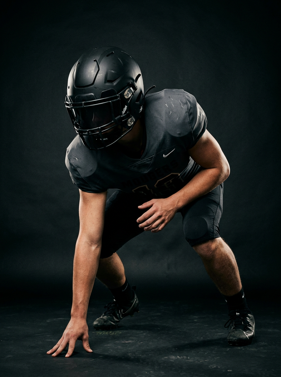 Youth football player in a three-point stance wearing a black helmet with a visor
